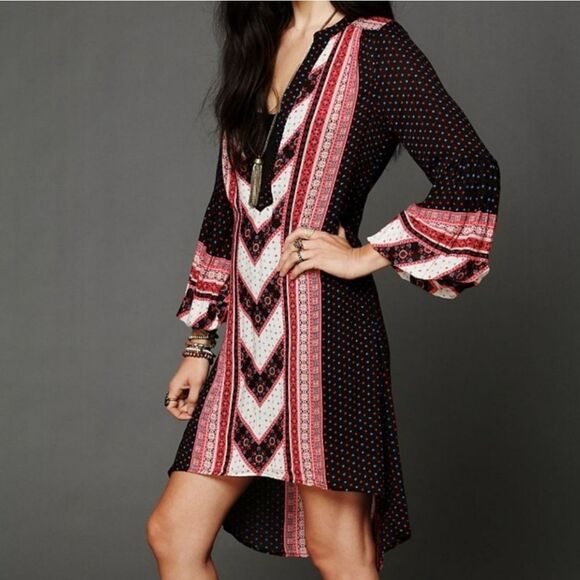 Free People Peacemaker Mini Dress Womens Black Combo High Low Tribal Print XL - Picture 2 of 14